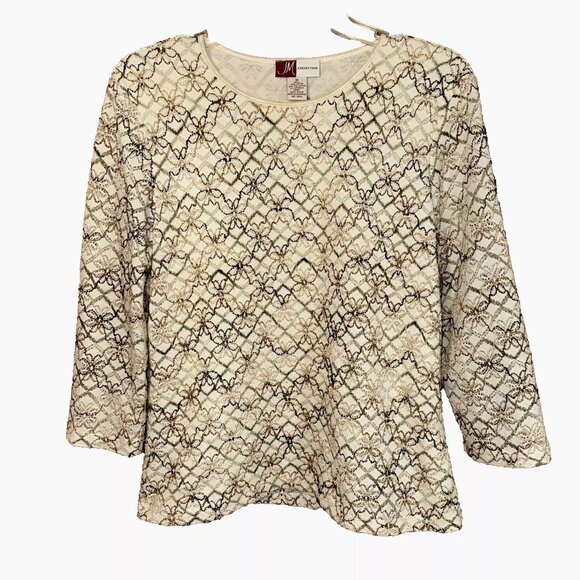 JM Collection Cream/Brown/Green Textured Embroidered Flower Forest Fairy Top M - Picture 1 of 7